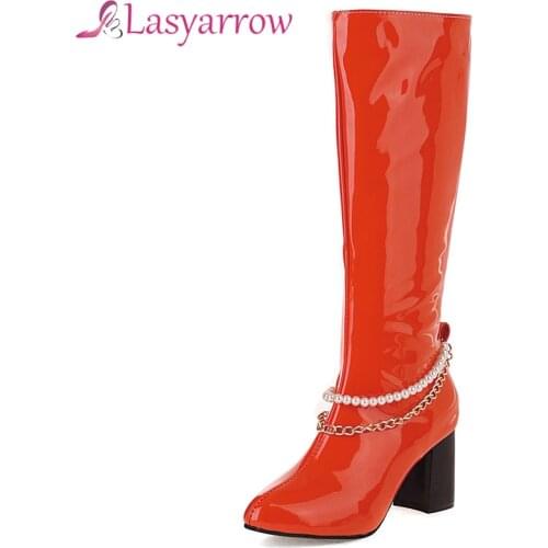Lasyarrow 2021 Women Knee High Boots Patent Leather Candy Color Ladies String Bead Boots Round Toe Square High Heel Women Boots