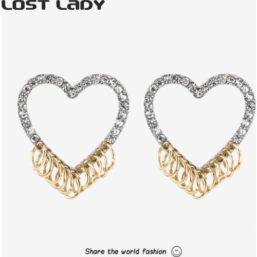 Lost Lady Hollow Heart Star Stud Earrings Rhinestone Gold Color Circulars Earrings for Women Party Jewelry Wholesale