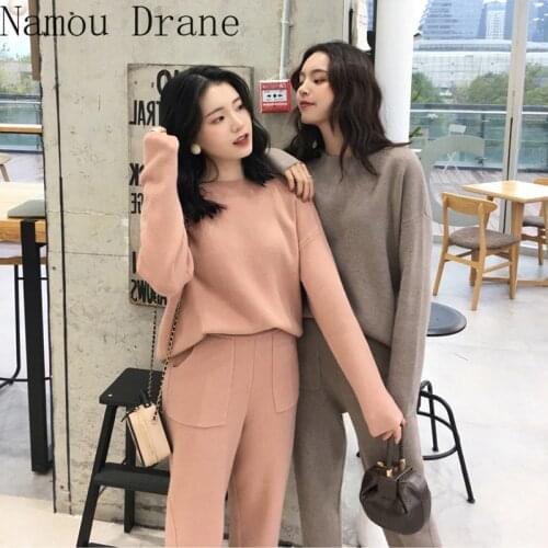 2020 Winter Knitted 2 Pieces Set Tracksuits Women Thick Warm O-neck Loose Sweater+Ankle-Length Pants Warm Cashmere Suit