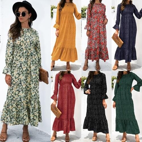 Autumn Winter Floral Print O-neck Long Flare Sleeve Robe Maxi Dress Women Casual High Waist Stretchy Bust Ruffles Long Vestidos