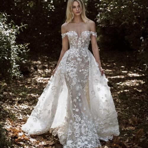 Overskirt Mermaid Wedding Dresses 2020 Floral Appliqued Lace Country Bridal Gowns With Detachable Train Vestidos De Novia
