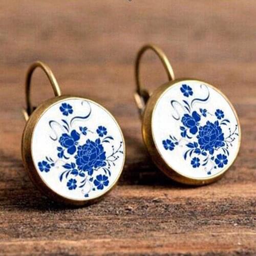 Gaxybb 1 pair Round Blue And White Porcelain Pictures Glass Yoga henna art pictures Earring Setting for Jewelry