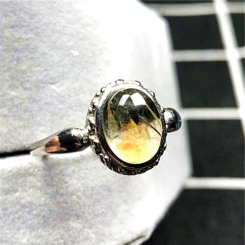 12x10mm Top Natural Gold Rutilated Quartz Ring Jewelry For Woman Man Crystal Oval Beads Silver Gemstone Adjustable Ring AAAAA