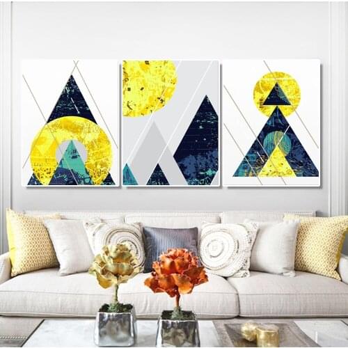 3 Panel Colorful Geometric Posters And Prints Gold And Blue Round Triangle Canvas Painting Wall Art Pictures For Living Room