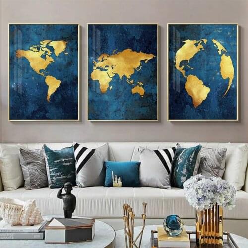 Abstract Golden Map Wall Art Luxury Canvas Painting Navy Blue Posters and Prints Wall Pictures F Living Room Fashion Home Decor