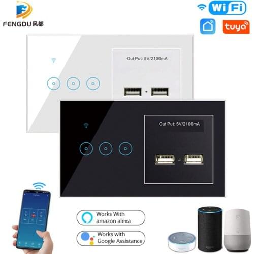 Wireless Smart LED Light Switch WiFi Tuya Touch Screen Control Alexa Switch Voice Control 2 USB Plug Work with Google Home