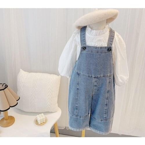 Toddler Girls Clothes Sets Korean Casual White Puff Sleeve Shirt Loose Strap Jeans 2pcs For Girl Childrens Fashion Suits Autumn