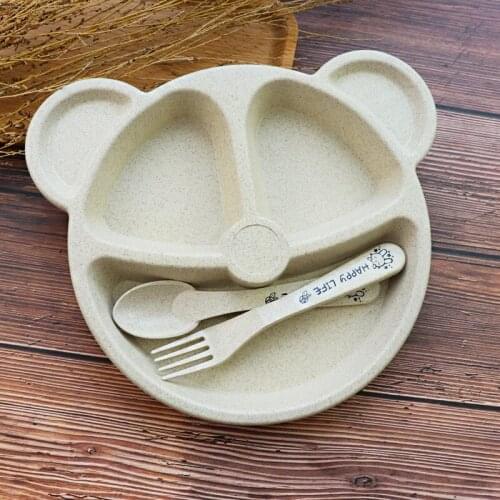 B204 Bear Childrens Plate Set Wheat Straw Creative Household Tableware Baby Grid Tray Breakfast Plate Fork Spoon