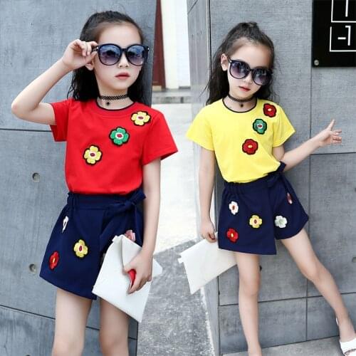 2018 New Summer Girls Child Personality Cotton Embroidered Two Piece Girls T-shirt Short Suit Flower Skirt Set