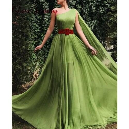 New Arrival Green Chiffon Evening Dress Custom made A Line One Shoulder Formal Long Evening Gown