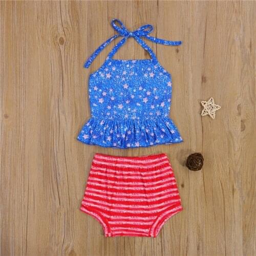 1-5 Years Girls Independence Day Outfit Toddlers Summer Star Printing Sleeveless Suspender Tops Striped Shorts Little Girls Set