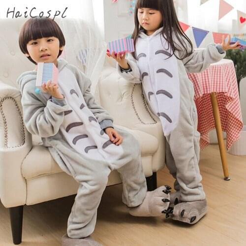 Totoro Kigurumi Pajama Onesie Kids Anime Cosplay Costume Boys Girls Lovely Gray Cat Sleepwear Winter Flannel Warm Pajamas Suit