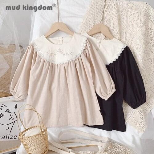 Mudkingdom Girls Dress Lace Embroidery Puff Sleeve Vintage Palace Style Fashion Above Knee Princess Dresses for Long Sleeves