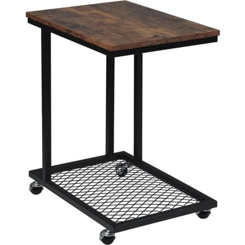 Side Table End Table on Wheels with Grid Storage Shelf Industrial C-shape Coffee Table Laptop Table Nightstand with Metal Frame