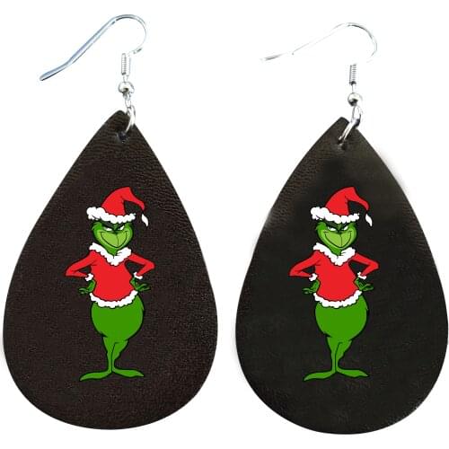 Christmas Grinch Earrings Faux Leather Two Layers Glitter Thanks Giving Gift Double Print Bulk Order