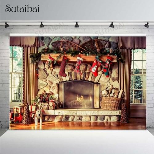 Merry Christmas Backdrop Fireplace Elk Santa Socks Stone Wall Window Photography Background Children Photo Studio Decor Props