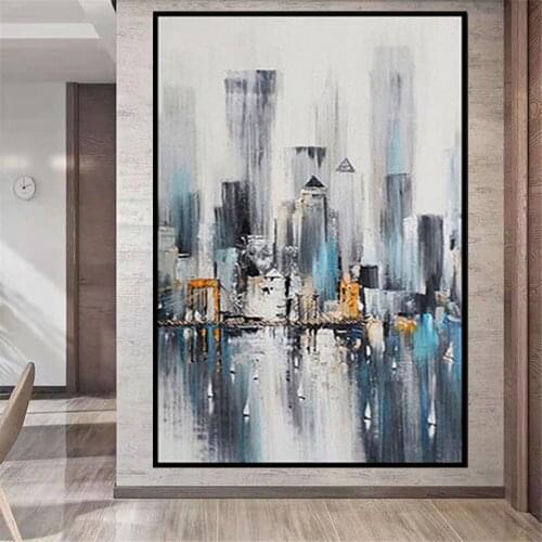 Hand-painted Contempary Blue Abstract City Building Oil Painting on Canvas Posters and Prints Wall Art Picture for living room