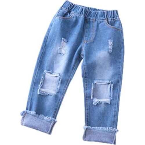 Girls' Ripped Jeans 2021 Spring and Autumn New Style Korean Childrens Baby Spring and Autumn Hole Pants Loose Casual Trousers
