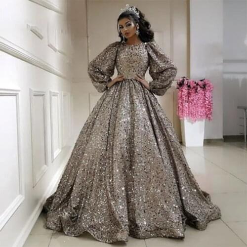 Silver Muslim Moroccan Kaftan Evening Dress Sparkly Sequin Long Sleeves Arabic Dubai Ball Gown Prom Dress Special Occasion Gown