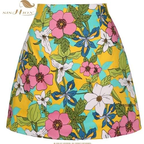 SISHION 2021 High Waist Women Summer Sexy Beach Skirt SS0008 Yellow Green Plus Size Floral Y2K Vintage Cotton Mini Short Skirt