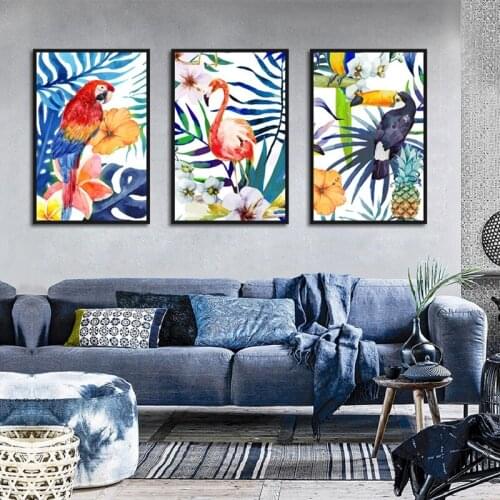 Scandinavian Home Decor Poster And Print Watercolor Canvas Painting Parrot Flamingo Nordic Wall Art Pictur