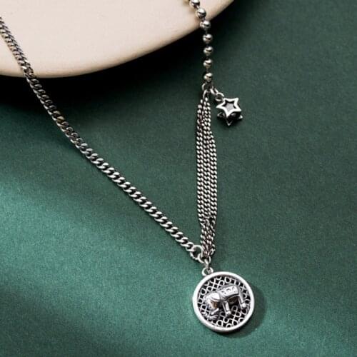 Vintage Elephant Double Layered Star 925 Sterling Silver Necklace For Women Round Pendant Clavicle Chain Jewelry