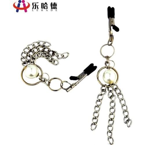 Nipple Clamps Metal Ancient Bells Tiger Head Bells Nipple Pearl Three Chains Pearl
