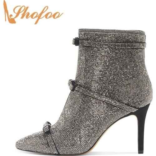 Pewter Crystal High Thin Heels Bow Knot Ankle Boots Woman Pointed Toe Zipper Booties Large Size 13 16 Lady Fashion Shoes Shofoo