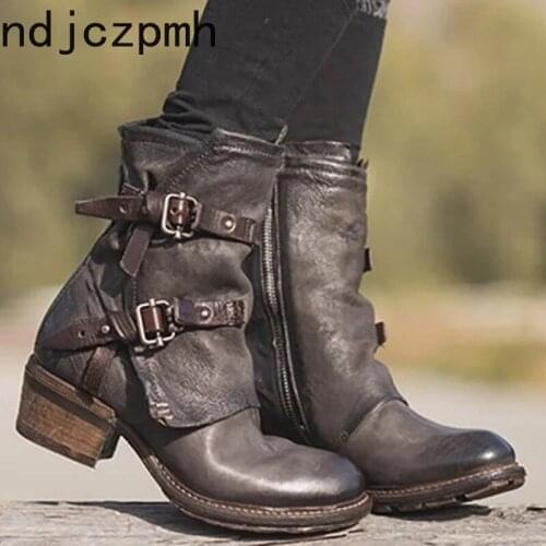 Womens Boots New winter fashion zipper belt buckle mid heel Martin boots Womens shoes plus size 35-43 Heel Height 5cm black