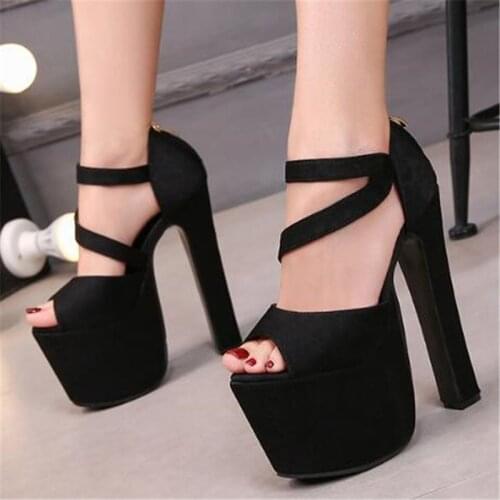 2020 New Summer Shoes Women Open Toe Button Belt Waterproof 17CM Thick High Heels Platform Shoes Flock ZIP Party shoes woman