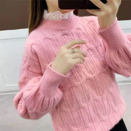 Autumn Winter Fashion Lace Collar Knitted Sweater Women Pullover Loose Korean 5 Color Long Sleeve Knit Tops Female Jumper Ladies