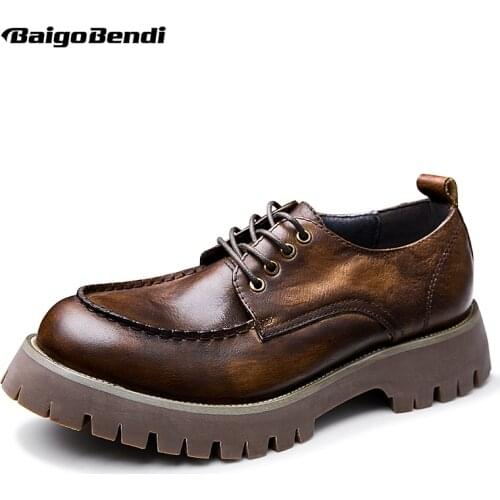 100% Genuine Leather Mens Casual Shoes Round Toe Retro Derbies Thick Heel Oxfords
