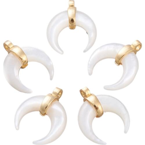 5pcs Natural White Pearl Shell Pendants Charm Brass Bail Double Horn Crescent Moon for Jewelry Making DIY Bracelet 15.5x13x5.3mm