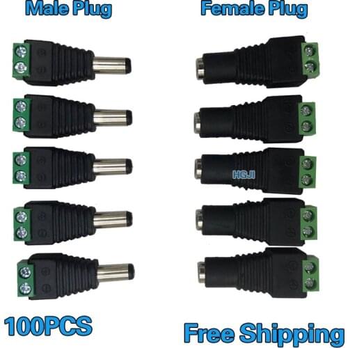 100PCS DC Power Jack Adapter Female/ Male Plug Adapter for 5050 3528 5060 LED Strip and CCTV Cameras DC5.5mm x 2.1mm