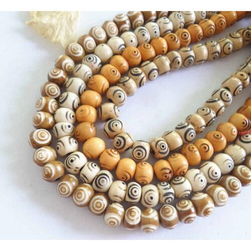 BRO530 Tibetan Hand Carved Three Eyes Dzi Mala 8mm 108PCS Yak Bone Beads Meditation Rosary Multi Colors Brown Beige Yellow