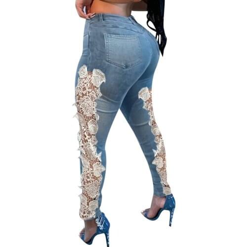 Classic Lace Ripped Jeans for Women High Waisted Jean Pants Mom Slim Bodycon Holes Denim Jeans Femme Holes Vintage Clothes