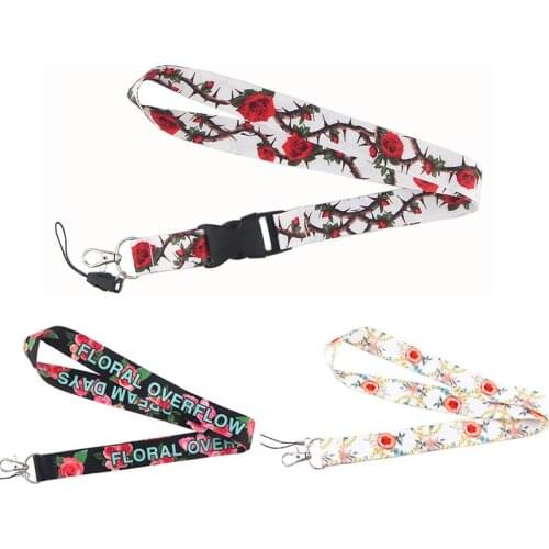 G1990 Cartoon Rose Flower Lanyard For Keys Phone Strap Neck Strap Keychain Lanyards ID Badge Holder