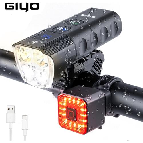GIYO Bike Lights Front Back Set USB Rechargeable Road MTB Bicycle Headlight Lamp Flashlight 1600LM Holder Cycling Safety Lantern