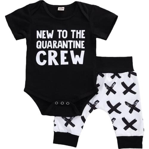 2Pcs Breathable Baby Boys Outfit Summer Simple Style Short Sleeve Round Collar Letter Romper + Casual Printing Pants Set