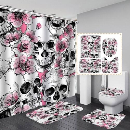 Fashion Skeleton Flower Shower Curtain With Non Slip Rug Mat Bathroom Curtains Waterproof Polyester Bathroom Curtain with Hooks