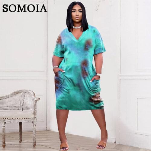 Plus Size Fashion Womens Clothing Wholesale Sexy Loose Tie Dye Print Short Sleeve V Neck Pocket Casual Straight Loose Dress