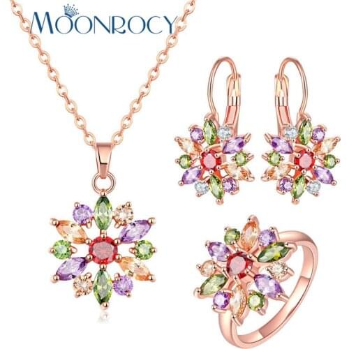 MOONROCY Free Shipping Cubic Zirconia Colourful Crystal Earrings Necklace and Ring Rose Gold Color Jewelry Set for Women Gift