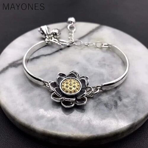 Real 925 Sterling Silver Lotus Bangle For Women Vintage Rotatable Bracelet Manchette Femme Free Shipping