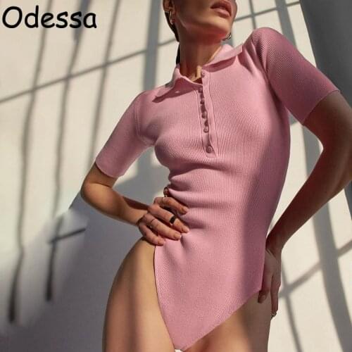 Odessa Summer Short Sleeve Knitted Bodysuit Pink 2021 Ribbed Buttons Up Turn Down Collar Body Top Women Black Bodycon Jumpsuit
