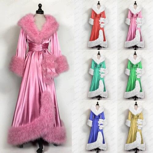 Feather Robe With Santin Feder Elastische Seide Nachthemd Pyjamas Nachtwäsche Dessous Frauen Gelegenheiten Kleider Housecoat