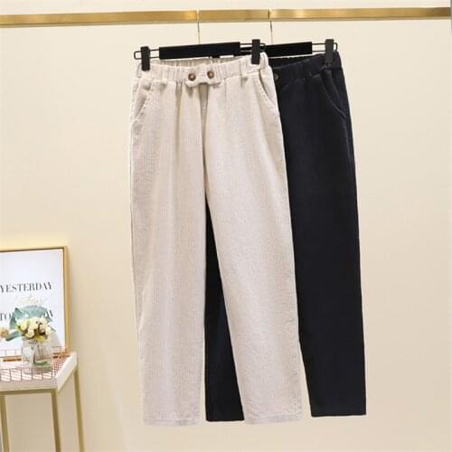 Autumn Elastic Waist Stripe Coudury Pants Women Plus Size Ankle Length Straight Casual Pants Female Solid Color Pantalones Mujer