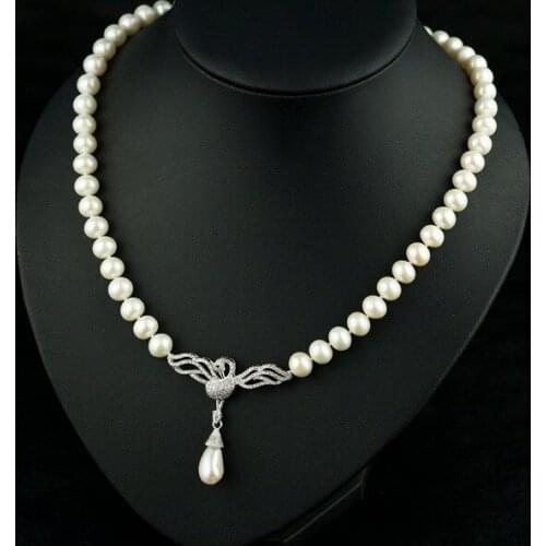 Genuine Pearl Swan Necklace New Gorgeous Full Rhinestones Pendant Knotted Necklace 9-10mm White Pearl Women Jewelry Bridal Gifts