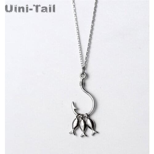 Uini-Tail new 925 sterling silver cute three small fish pendant necklace personality hook necklace fashion temperament jewelry
