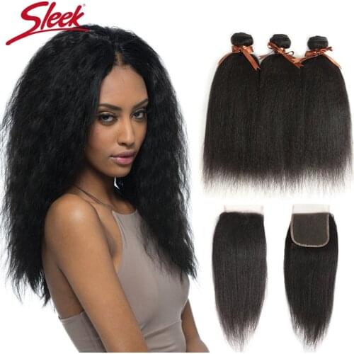 Sleek Remy Peruvian Yaki Straight Human Hair 3 Bundles With Closure Natural Color Weave Bundles Hair Extension For Free Shipping