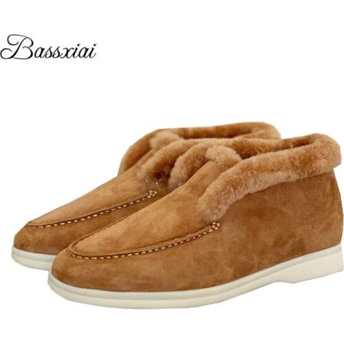Luxury Suede Round Toe Snow Boots Women Winter Flat Heel High Shoes Wool Fur Sewing Runway Short Booties For Woman